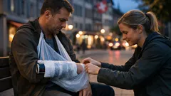 Erste Hilfe bei Armbruch: provisorische Schiene und Armschlinge mit Dingen aus dem Haushalt